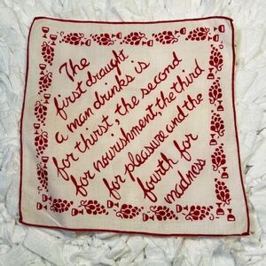 1950's Vintage Cocktail Napkins Cream/Red Embroidered 6 Quotes Hostess Gift